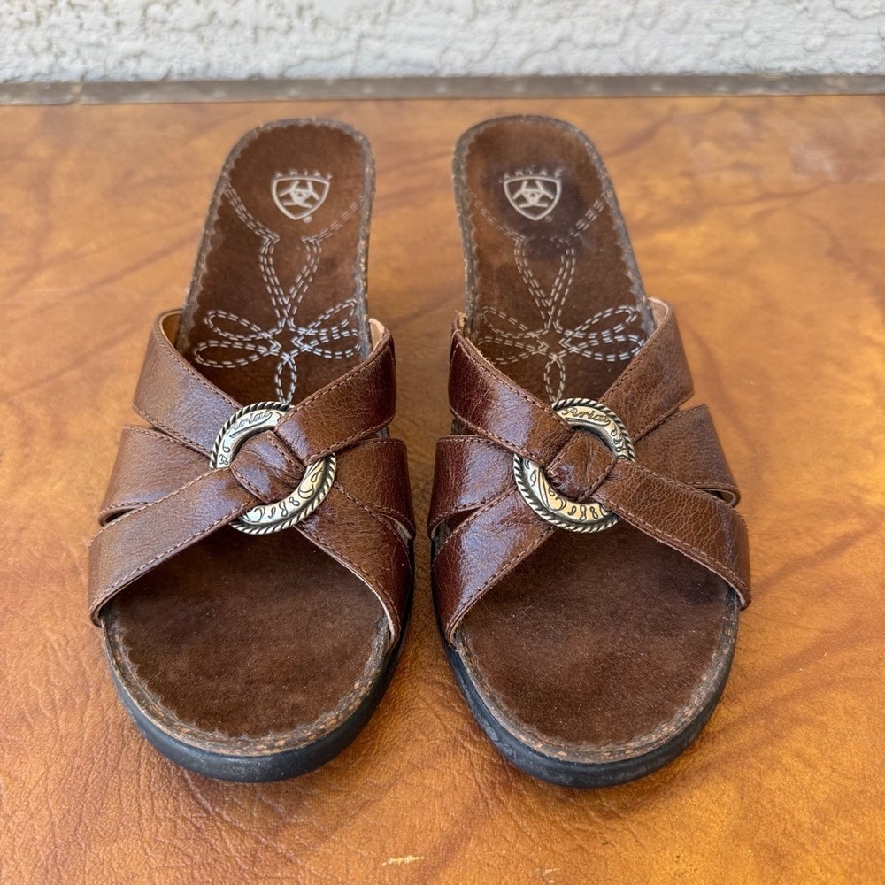 Ariat Brown Leather Wedge Sandals Womens 6 Western Boho Slip On Mule Heels